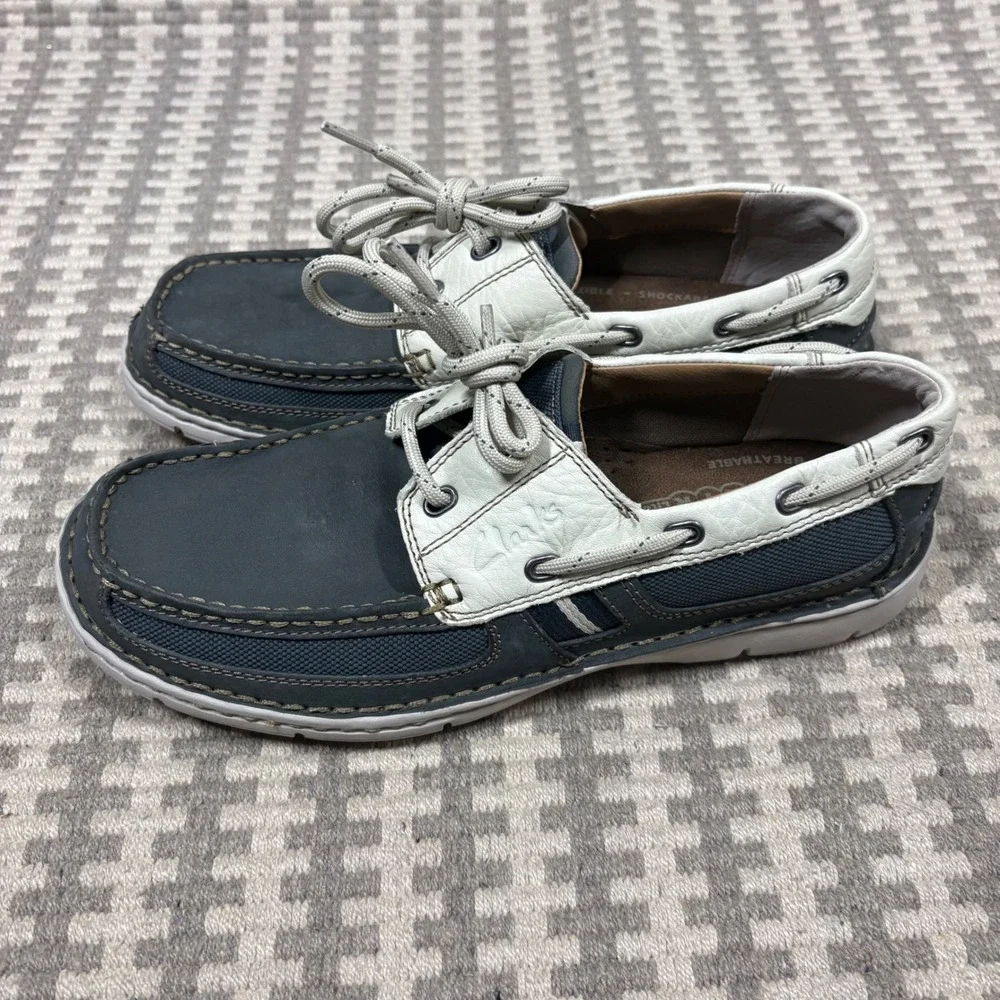 Clarks XTR Lite Mens Boat Shoes Navy Blue White Leather Loafers 26070983 Size 7M